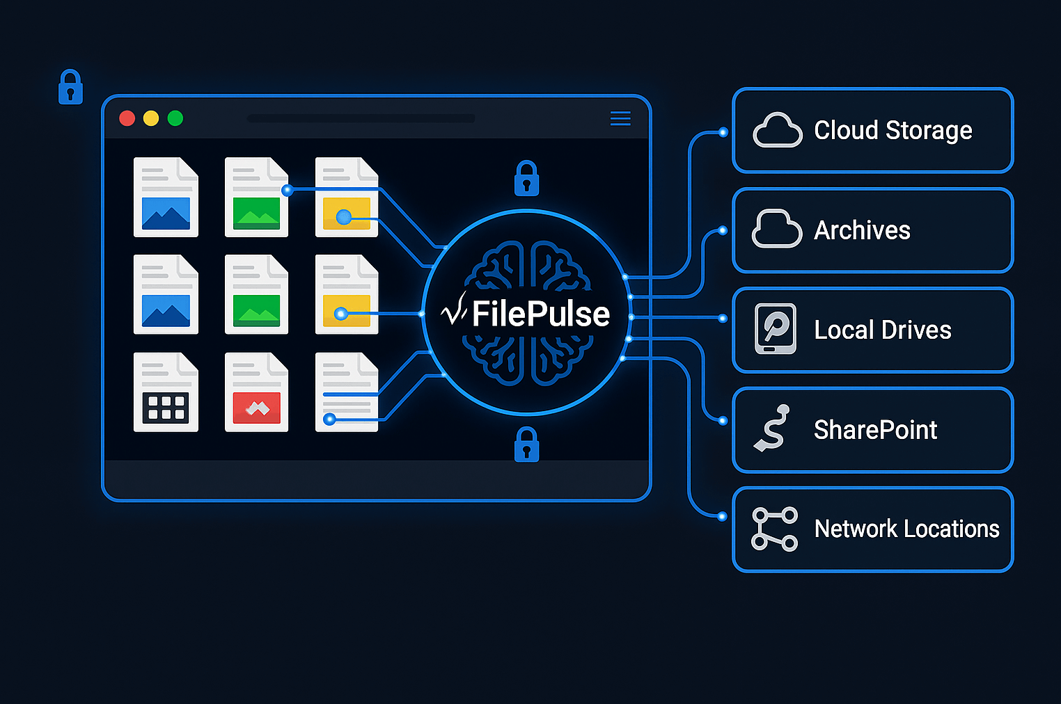 Diagram of FilePulse smart file management system showing secure document organization and connections to cloud storage, archives, local drives, SharePoint, and network locations.