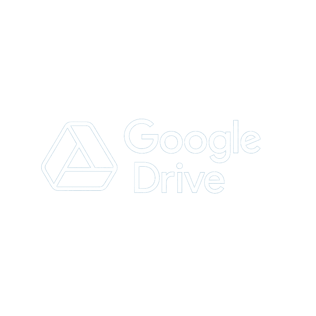 Google Drive logo in white with neon blue glow, triangular symbol with “Google Drive” text.